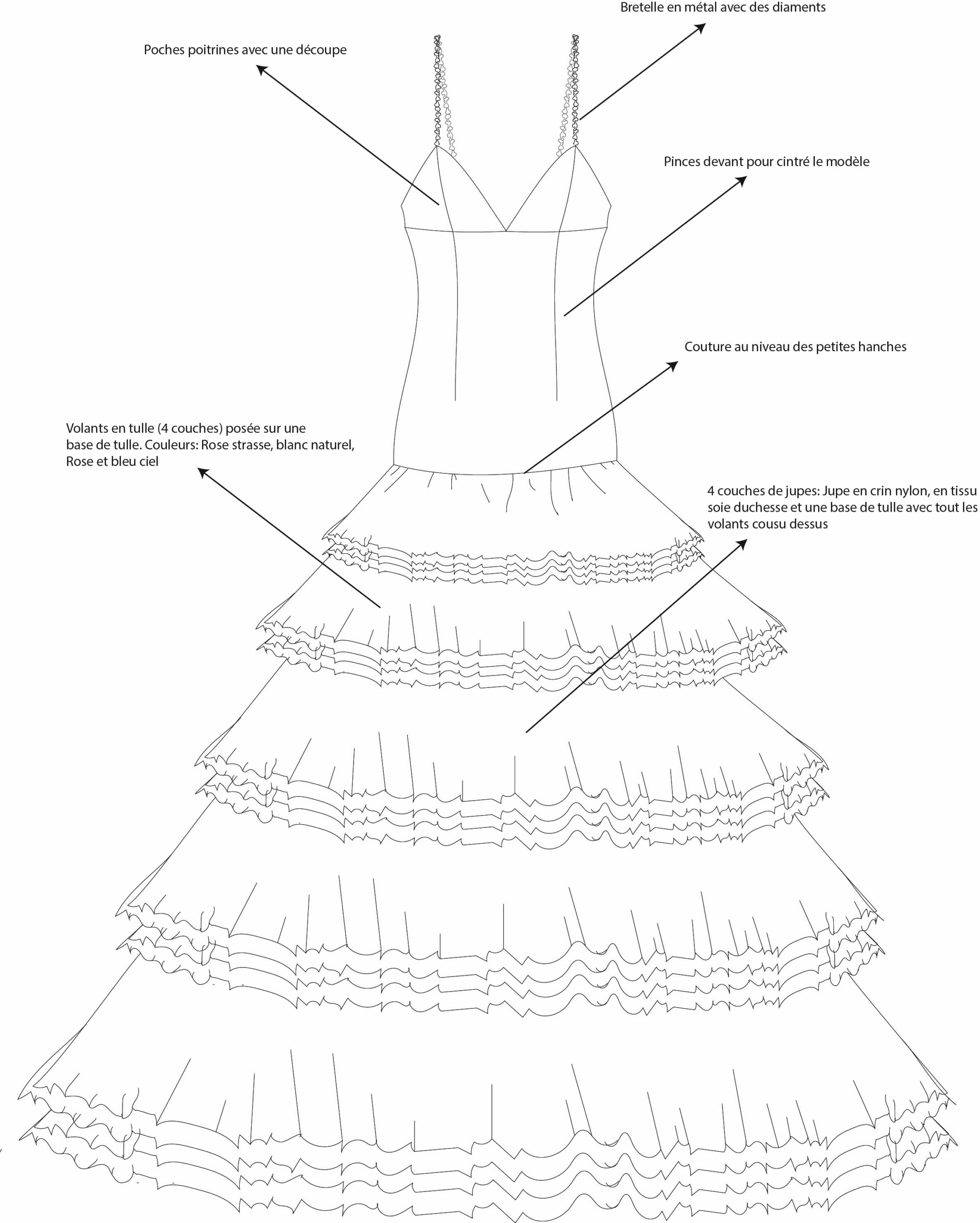 Technical drawing handmade tulle evening dress.